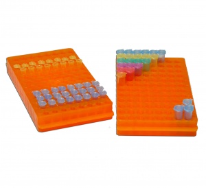 R1050, MTC BIO Rack, reversible, 96x1.5/0.5mL, (112x250mm) Orange - CS - MTC Bio - GENERAL LAB SUPPLIES