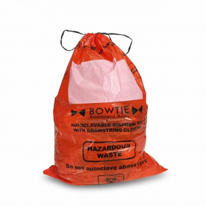 A8001R, MTC BIO BowTie™ Biohazard bags, PE, 25 x 35in., with marking area and sterilization indicator (Case of 100) - CS - MTC BIO  - BIOHAZARD AND AUTOCLAVE BAGS - GENERAL LAB SUPPLIES